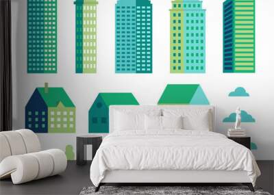 Minimal geometric buildings. Set of flat town, tree and cloud for landscape. Collection of urban houses for construction. Architecture countryside. Houses for cityscape skyline. vector illustration. Wall mural