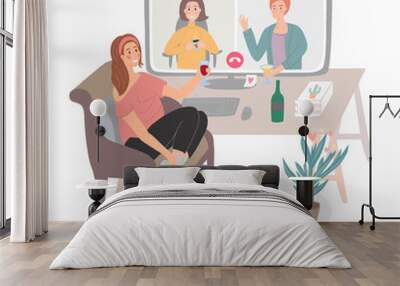 Hand drawn vector girl on a chair at home meeting friends online. Video conference, online party, virtual cocktail party. People drink together during quarantine. Home activities, entertainment. Wall mural