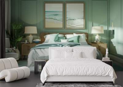 A coastal-themed guest room with seafoam green walls and nautical accents5, Generative AI,modern interior design, Modernity, New furniture, Fashion design --ar 7:3 --v 6.0 - Image #1 @kashif320 Wall mural