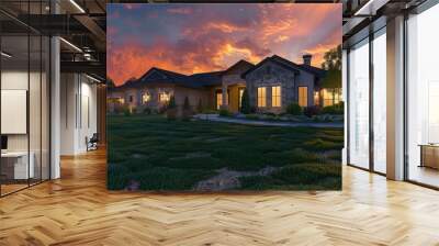 A home at sunset with a lawn Wall mural