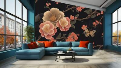 Embroidery trend floral pattern ,black background for design, wallpaper  Wall mural