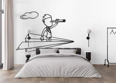 Businessman on paper plane using telescope for searching opportunity. Business vision concept. Cartoon vector illustration design Wall mural