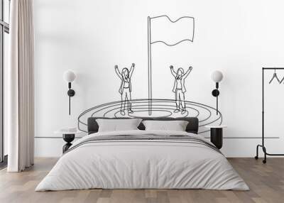 Cartoon of businesswoman flagpole flagstaff target aim field concept of achievement. Continuous line art Wall mural