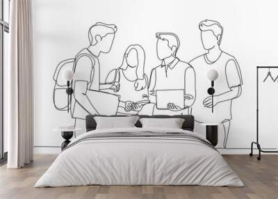 Cartoon of student talking and laughing together at college, working on laptop and smart phone. One line style art Wall mural