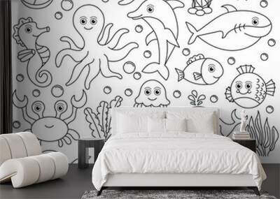 Sea underwater animals set to be colored, the big coloring book for preschool kids with easy educational gaming level. Wall mural