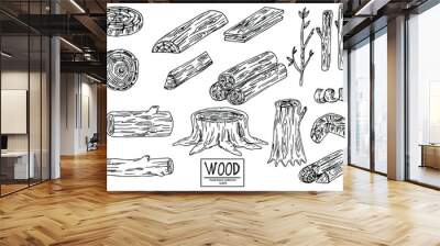 Wood set. Planks and logs, lumber and Cuts, Firewood in vintage style. Pieces of Tree. Vector illusion for signboard, labels, logo or banner. Campfire material. Engraved Hand drawn sketch. Wall mural