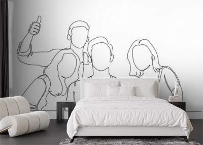 Drawing of Students Posing Together Making Selfie Near University Building Outdoors. Single continuous line art style Wall mural