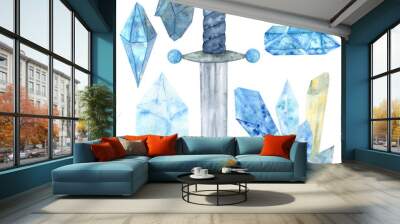 Crystals of blue and beige colors and a steel dagger. Wall mural