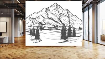 hand drawn mountain design. illustration of mountains and pine trees. Wall mural