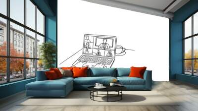 Hand drawn of online business meeting from home with collagues, sketch design illustration. Wall mural