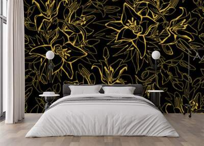 Golden outline of flowers Lily drawn by hand on black background.. Floral sketch vector seamless pattern with contoured flowers for home textile, fabric, wallpaper, bedding. Wall mural