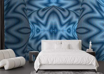 Grid geometric seamless ornament with trendy optical illusion volume effect. Vector wavy linear moire textured digital graphics background in blue tones. Wall mural