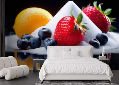 Fruits and berries with lots of white sugar on the plate. Healthy and unhealthy eating concept Wall mural