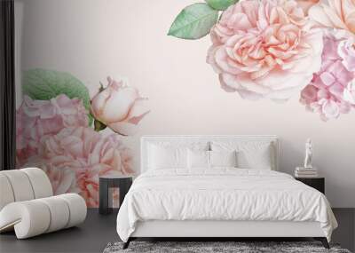 Blush pink roses, tulip, hydrangea isolated on pastel background. Floral banner, header with copy space. Natural flowers wallpaper or greeting card. Wall mural