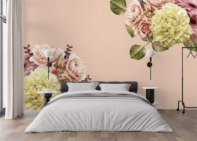 Floral banner, cover or header with vintage bouquets. Yellow peony, gerbera, roses isolated on pink background.  Wall mural