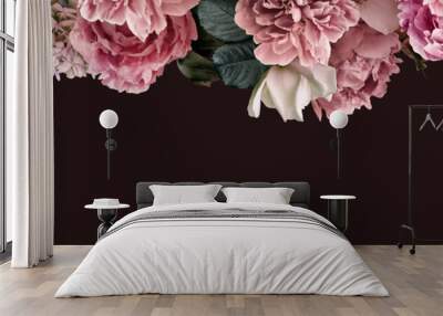 Floral banner, flower cover or header with vintage bouquets. Pink peonies, white roses, hydrangea isolated on black background. Wall mural