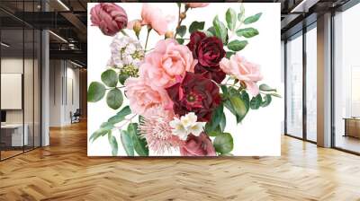 Red and pink flowers isolated on a transparent background. Floral arrangement, bouquet of roses and tulips. Can be used for invitations, greeting, wedding card. Wall mural