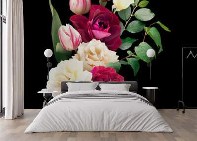 White and red roses, tulips  isolated on black background. Floral arrangement, bouquet of garden flowers. Can be used for invitations, greeting, wedding card. Wall mural