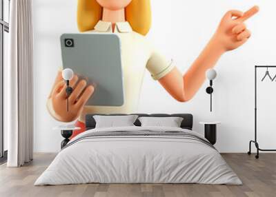 3D illustration of beautiful blonde woman holding tablet and pointing finger at direction. Cute cartoon smiling attractive businesswoman using social networking and office application. Wall mural