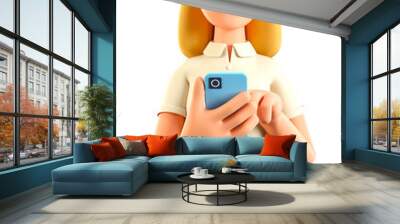 3D illustration of beautiful blonde woman looking at smartphone and chatting. Smiling businesswoman talking and typing on the phone. Social networks communication, mobile connection. Wall mural