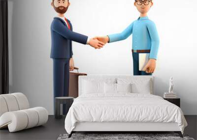 3D illustration of business handshake. Cute cartoon smiling man with laptop and bearded businessman with briefcase standing and shaking hands. Successful agreement, deal concept. Wall mural