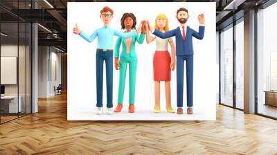 3D illustration of business team Informal greeting. Happy working people giving high five and gesturing ok sign. Multicultural colleagues cartoon characters. Successful partnership and cooperation. Wall mural