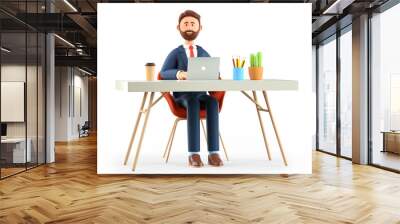 3D illustration of happy cute man working at the desk in modern office. Cartoon smiling bearded businessman or freelancer using laptop, isolated on white. Workplace concept. Wall mural