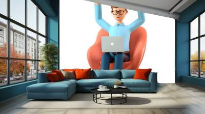 3D illustration of happy man with laptop sitting in armchair and throwing his hands up in the air. Cartoon joyful businessman celebrating success, working in office and using social networks. Wall mural