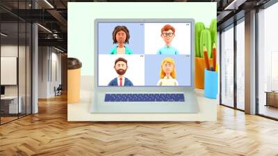 3D illustration of home video call, online work conference. Virtual class, team education. Remote meeting, digital business chat. Group of multiethnic people talking by internet, web chatting. Wall mural