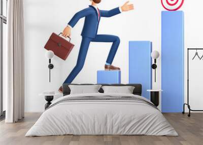 3D illustration of man climbing the steps to success target. Cute cartoon businessman with briefcase reaching goals. Objective achievement, business motivation, career growth concept. Wall mural