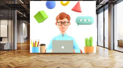 3D illustration of man with laptop working at the desk. Cartoon businessman chatting on the computer with flying geometric figures and speech bubble. Business abstract presentation. Wall mural