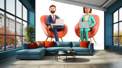 3D illustration of smiling bearded man and african american woman using laptops and sitting in chairs. Cute cartoon businessman and businesswoman working in office, isolated on white. Wall mural