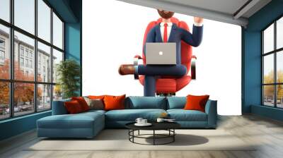 3D illustration of smiling businessman in suit with laptop and bulb over head, sitting in armchair. Cartoon bearded man working in office and creating new good ideas, isolated on white background. Wall mural