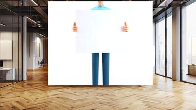 3D illustration of smiling happy businessman holding white blank board. Portrait of cartoon standing man showing banner, advertising poster Wall mural