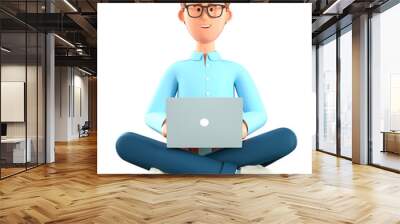 3D illustration of smiling man with laptop sitting on the floor in yoga lotus position. Cartoon businessman, freelancer using social networks, online working. Workplace concept. Wall mural