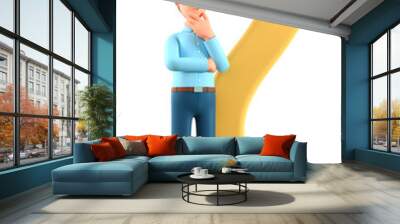 3D illustration of thinking man standing with a huge question mark. Cartoon pensive businessman solving problems, feeling concerned puzzled lost in thoughts. Searching and finding a solution. Wall mural