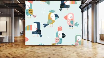 Seamless childish pattern with cute parrots and toucans. Scandinavian style kids texture for fabric, wrapping, textile, wallpaper, apparel. Vector flat funny illustration. Wall mural