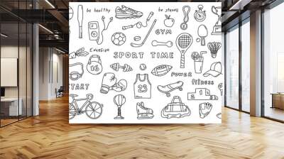 Set of sport elements with lettering. Funny doodle hand drawn vector illustration. Cute cartoon black and white collection. Wall mural