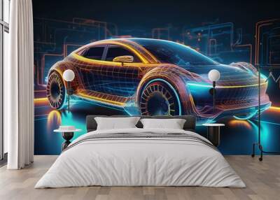 3D illustration showcasing a futuristic car technology concept with wireframe intersection, highlighting innovative design. Wall mural