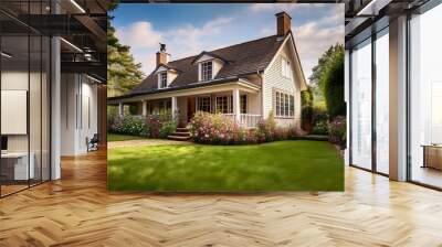 A traditional cottage style house with a charming front porch with beautiful flowers and green grass Wall mural