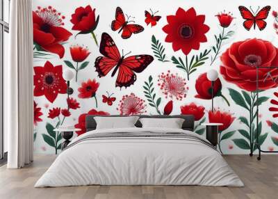 A variety of red flowers and butterflies on a white background Wall mural