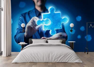 Abstract hand-holding jigsaw puzzle hologram in futuristic light blue style Wall mural