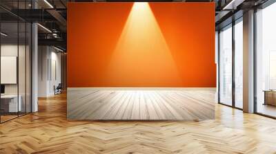 Abstract Orange room with white wooden floor and spotlight on wall Wall mural