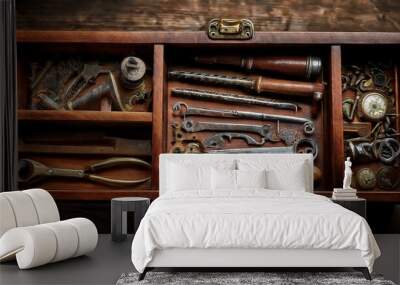 An antique collection of tools is meticulously organized inside a wooden drawer Wall mural