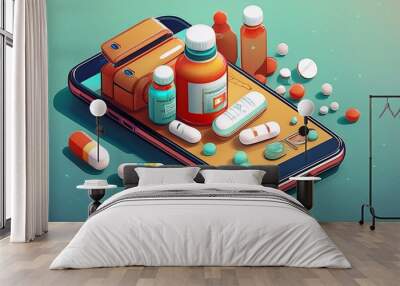 an illustration of a 3d mobile app aiding individuals in tracking and managing their medication schedules. Wall mural