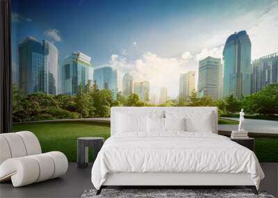 Architecture, environment and future with park in city for carbon footprint, eco friendly and futuristic Wall mural