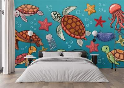 Collection of sea or marine animals life isolated on background, underwater of fish, starfish, octopus and sea turtle. Wall mural