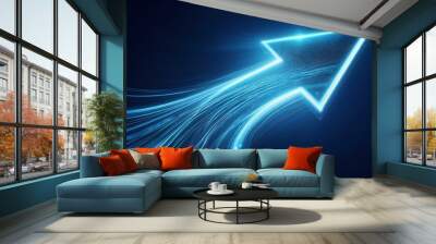 Energy arrow with speed light effect. Isolated glowing web sign on dark blue technology background. Wall mural