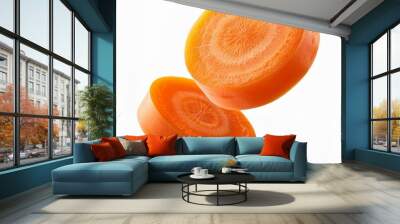 Falling Carrot slice isolated on white background Wall mural