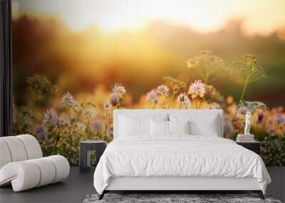 Flower field in sunlight, spring or summer garden background in closeup macro view or flowers meadow field in morning light Wall mural